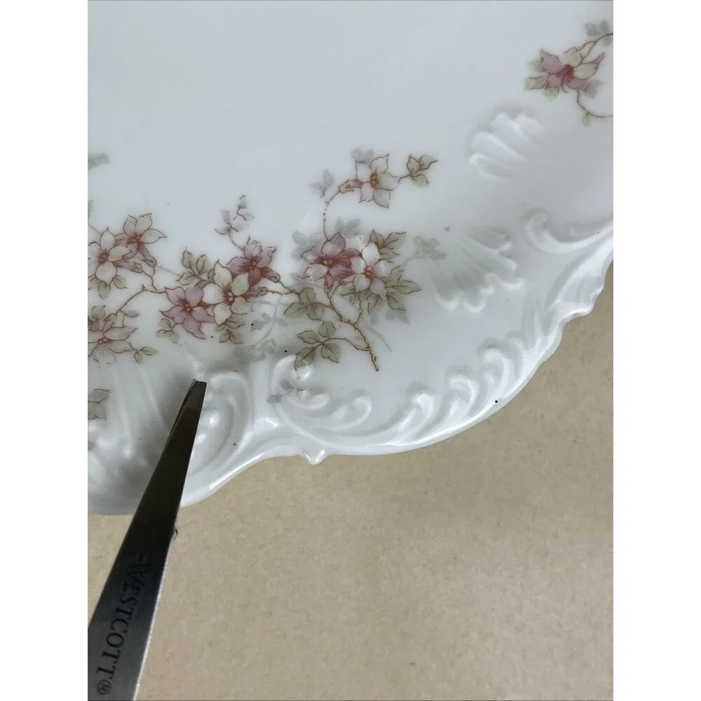 Antique‎ Elite Works Limoges France Pink Green Floral Serving Plate Golden Hdls
